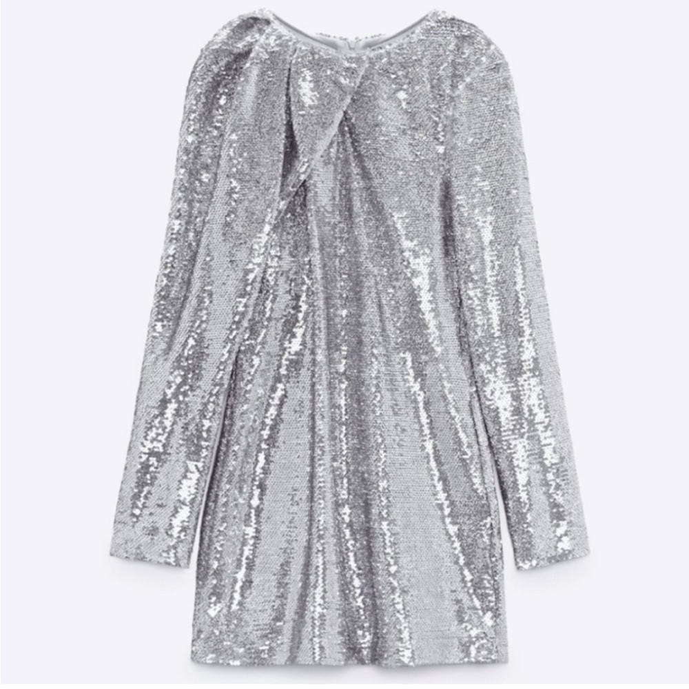 Zara Bloggers Fave Long Sleeve Rainbow Sequin Silver Ruched Mini Dress Size XS